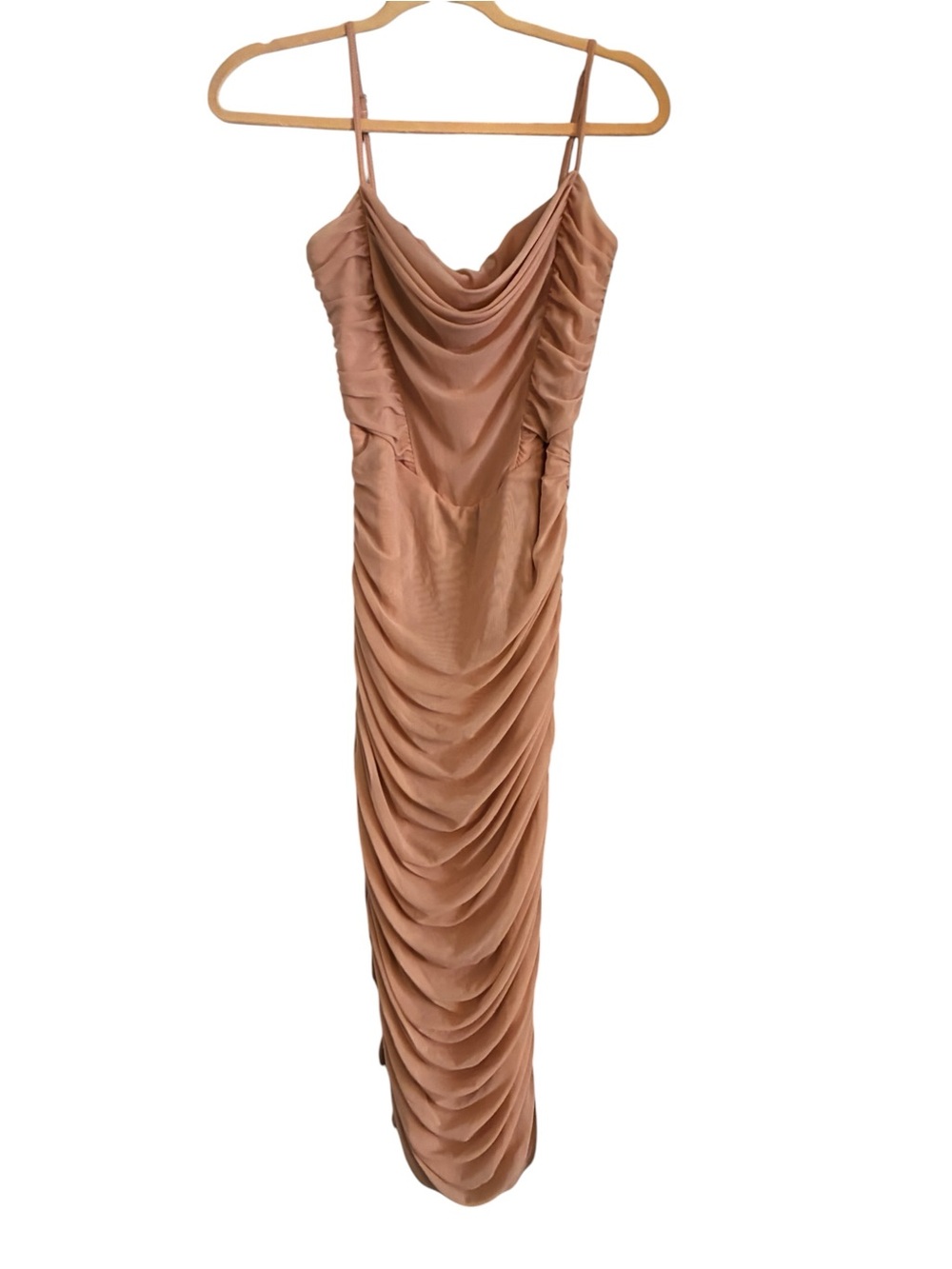 White Fox Boutique Ruched Satin Maxi Dress in Tan